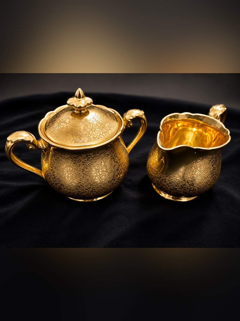 Vintage Pickard Gold Floral Sugar Bowl & Creamer Set - Decorated USA Japan #500